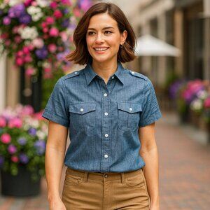 Ann Mashburn Chambray Short Sleeve Top Blue Button‑Up w/ Epaulets Flap Pockets S